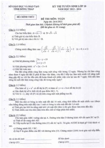 Đề thi tuyển sinh Lớp 10 môn Toán - Sở GD&ĐT Đồng Tháp (Có hướng dẫn chấm)