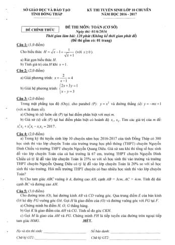 Đề thi tuyển sinh vào Khối 10 môn Toán (Chuyên) - Sở GD&ĐT Đồng Tháp (Có hướng dẫn chấm)