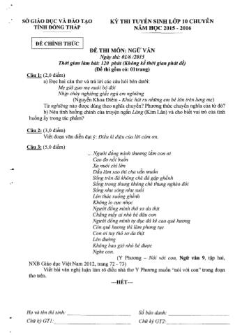 Đề thi tuyển sinh vào Lớp 10 môn Ngữ văn (Chuyên) - Sở GD&ĐT Đồng Tháp (Có hướng dẫn chấm)