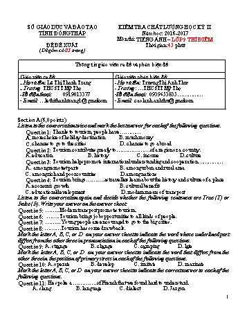 Kiểm tra chất lượng học kì 2 Tiếng Anh Lớp 9 - Đề đề xuất - Trường THCS Mỹ Thọ (Có đáp án)