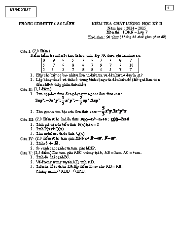 Kiểm tra chất lượng học kì 2 Toán Lớp 7 - Đề đề xuất - Phòng GD&ĐT Cao Lãnh (Có hướng dẫn chấm)