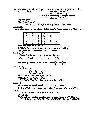 Kiểm tra chất lượng học kì 2 Toán Lớp 7 - Phòng GD&ĐT Cao Lãnh (Có hướng dẫn chấm)