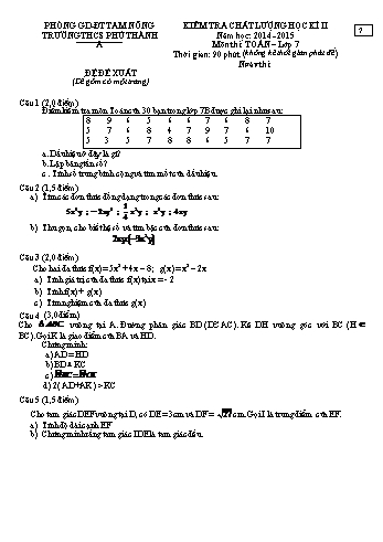 Kiểm tra chất lượng học kì 2 Toán Lớp 7 - Trường THCS Phú Thành (Có hướng dẫn chấm)