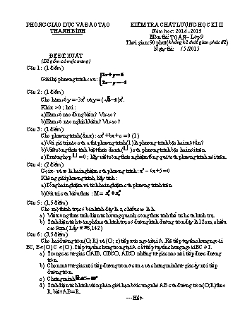 Kiểm tra chất lượng học kì 2 Toán Lớp 9 - Đề đề xuất - Phòng GD&ĐT Thanh Bình (Có hướng dẫn chấm)