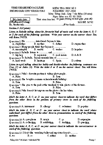 Kiểm tra học kì 1 Tiếng Anh Lớp 7 (Hệ 10 năm) - Mã đề: 702 - Phòng GD&ĐT Cao Lãnh