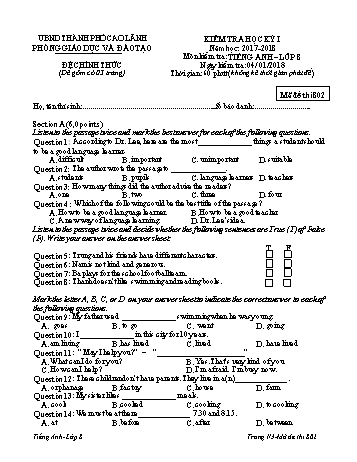 Kiểm tra học kì 1 Tiếng Anh Lớp 8 - Mã đề: 802 - Phòng GD&ĐT Cao Lãnh
