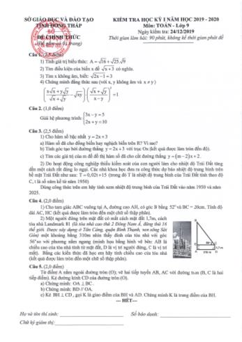 Kiểm tra học kì 1 Toán Lớp 9 - Sở GD&ĐT Đồng Tháp (Có hướng dẫn chấm)