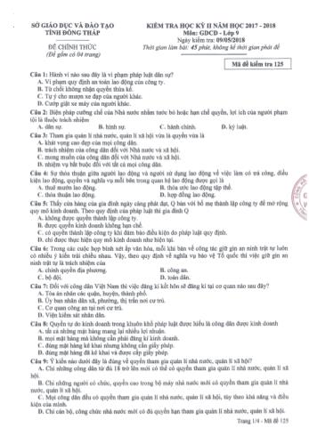 Kiểm tra học kì 2 môn Giáo dục công dân Lớp 9 - Sở GD&ĐT Đồng Tháp (Có đáp án)