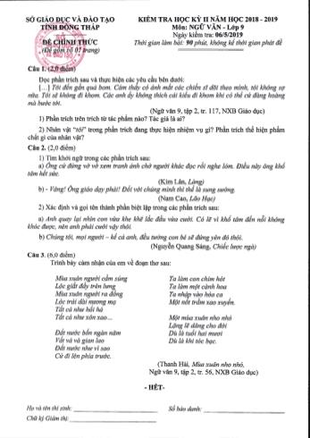 Kiểm tra học kì 2 Ngữ văn Lớp 9 - Sở GD&ĐT Đồng Tháp (Có hướng dẫn chấm)