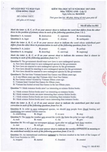 Kiểm tra học kì 2 Tiếng Anh Lớp 12 - Sở GD&ĐT Đồng Tháp (Có đáp án)