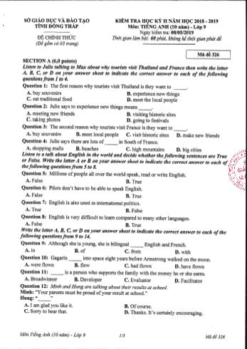 Kiểm tra học kì 2 Tiếng Anh Lớp 9 (Hệ 10 năm) - Sở GD&ĐT Đồng Tháp (Có đáp án)