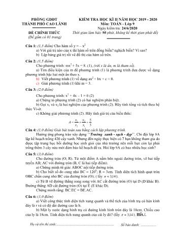 Kiểm tra học kì 2 Toán Lớp 9 - Đề chính thức - Phòng GD&ĐT Cao Lãnh (Có hướng dẫn chấm)