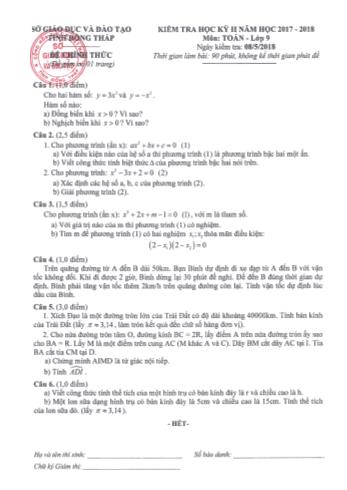 Kiểm tra học kì 2 Toán Lớp 9 - Sở GD&ĐT Đồng Tháp (Có đáp án)