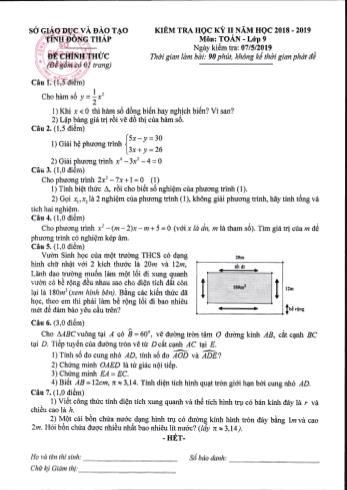 Kiểm tra học kì 2 Toán Lớp 9 - Sở GD&ĐT Đồng Tháp (Có hướng dẫn chấm)