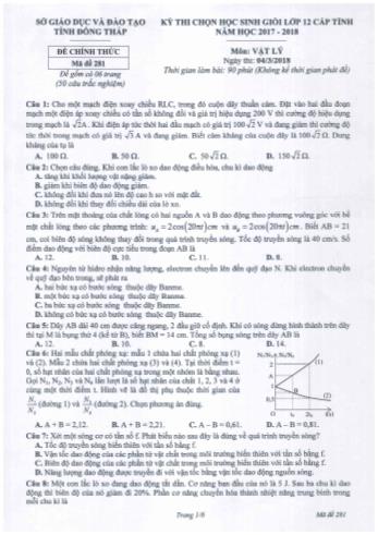 Kỳ thi chọn đội tuyển học sinh giỏi cấp tỉnh môn Vật lí Lớp 12 - Mã đề: 281 - Sở GD&ĐT Đồng Tháp (Có đáp án)