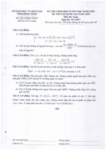 Kỳ thi chọn đội tuyển học sinh giỏi dự thi cấp Quốc gia môn Toán - Sở GD&ĐT Đồng Tháp (Có hướng dẫn chấm)