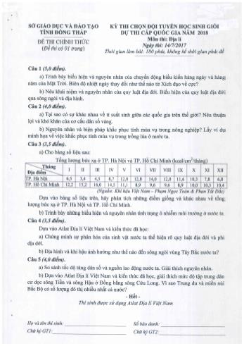 Kỳ thi chọn đội tuyển học sinh giỏi dự thi cấp Quốc gia môn Địa lí - Sở GD&ĐT Đồng Tháp (Có đáp án)