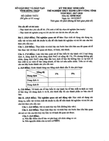 Kỳ thi chọn học sinh giỏi cấp tỉnh Sinh học Lớp 9 (Thí nghiệm thực hành) - Sở GD&ĐT Đồng Tháp