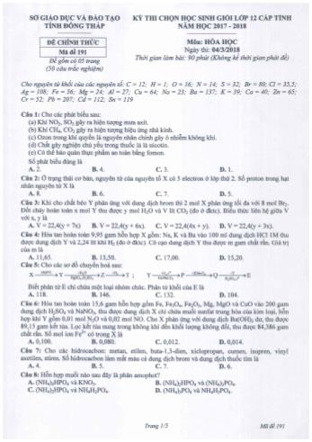 Kỳ thi chọn học sinh giỏi Lớp 12 cấp tỉnh môn Hóa học - Sở GD&ĐT Đồng Tháp (Có đáp án)