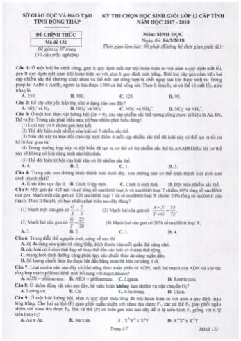 Kỳ thi chọn học sinh giỏi Lớp 12 cấp tỉnh môn Sinh học - Sở GD&ĐT Đồng Tháp (Có hướng dẫn chấm)