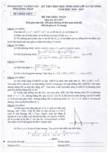 Kỳ thi chọn học sinh giỏi Lớp 12 cấp tỉnh môn Toán - Sở GD&ĐT Đồng Tháp (Có hướng dẫn chấm)