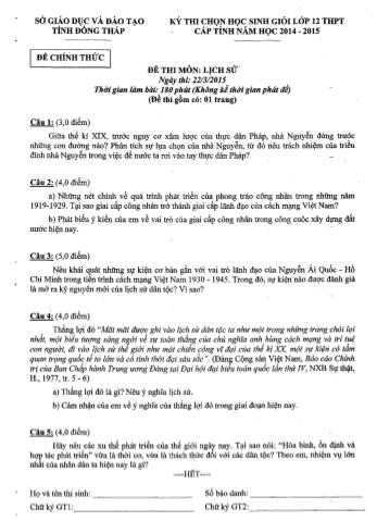 Kỳ thi chọn học sinh giỏi Lớp 12 THPT cấp tỉnh môn Lịch sử - Sở GD&ĐT Đồng Tháp (Có hướng dẫn chấm)