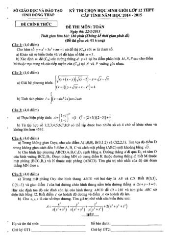 Kỳ thi chọn học sinh giỏi Lớp 12 THPT cấp tỉnh môn Toán - Sở GD&ĐT Đồng Tháp (Có hướng dẫn chấm)