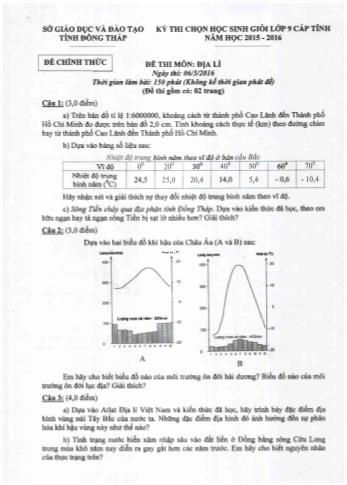 Kỳ thi chọn học sinh giỏi Lớp 9 cấp tỉnh Địa lí - Sở GD&ĐT Đồng Tháp (Có hướng dẫn chấm)