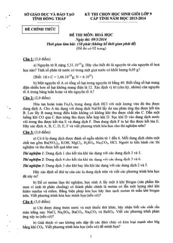 Kỳ thi chọn học sinh giỏi Lớp 9 cấp tỉnh môn Hóa học - Sở GD&ĐT Đồng Tháp (Có hướng dẫn chấm)