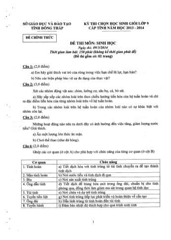 Kỳ thi chọn học sinh giỏi Lớp 9 cấp tỉnh môn Sinh học - Sở GD&ĐT Đồng Tháp (Có hướng dẫn chấm)