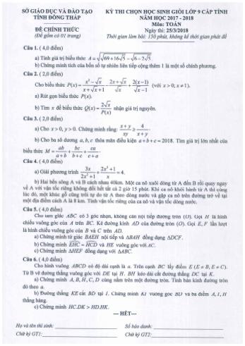 Kỳ thi chọn học sinh giỏi Lớp 9 cấp tỉnh môn Toán - Sở GD&ĐT Đồng Tháp