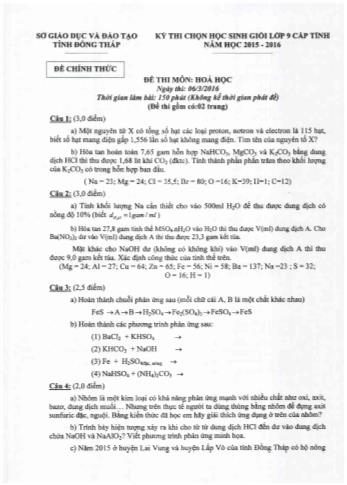 Kỳ thi chọn học sinh giỏi THCS cấp tỉnh môn Hóa học Lớp 9 - Sở GD&ĐT Đồng Tháp (Có hướng dẫn chấm)