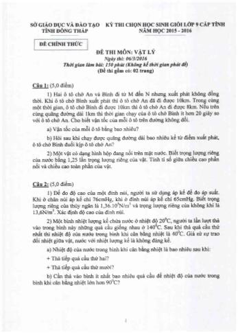 Kỳ thi chọn học sinh giỏi THCS cấp tỉnh môn Vật lí Lớp 9 - Sở GD&ĐT Đồng Tháp (Có hướng dẫn chấm)