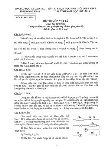 Kỳ thi chọn học sinh giỏi THCS cấp tỉnh môn Vật lí - Sở GD&ĐT Đồng Tháp (Có hướng dẫn chấm)