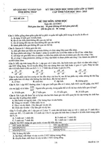 Kỳ thi chọn học sinh giỏi THPT Sinh học Lớp 12 - Mã đề: 134 - Sở GD&ĐT Đồng Tháp (Có hướng dẫn chấm)