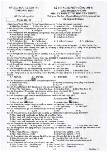 Kỳ thi nghề phổ thông môn Lý thuyết tin học văn phòng - Mã đề: 159 - Sở GD&ĐT Đồng Tháp (Có đáp án)