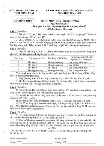 Kỳ thi tuyển sinh Khối 10 môn Hóa học (Chuyên) - Sở GD&ĐT Đồng Tháp (Có hướng dẫn chấm)