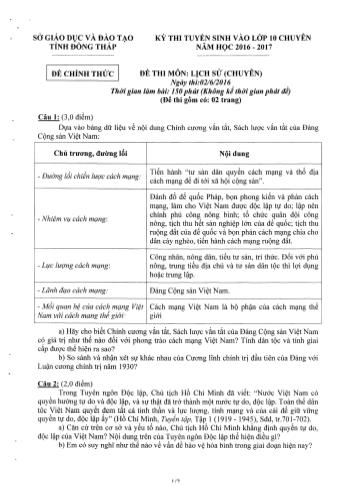 Kỳ thi tuyển sinh Khối 10 môn Lịch sử (Chuyên) - Sở GD&ĐT Đồng Tháp (Có hướng dẫn chấm)