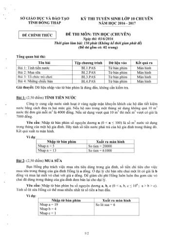 Kỳ thi tuyển sinh Khối 10 môn Tin học (Chuyên) - Sở GD&ĐT Đồng Tháp (Có hướng dẫn chấm)