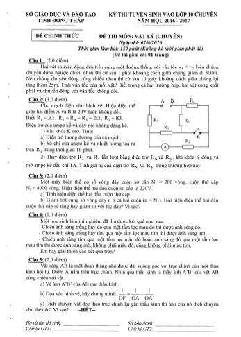 Kỳ thi tuyển sinh Khối 10 môn Vật lí (Chuyên) - Sở GD&ĐT Đồng Tháp (Có hướng dẫn chấm)