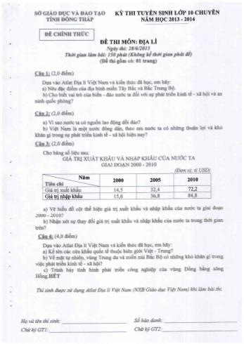 Kỳ thi tuyển sinh Lớp 10 chuyên Địa lí - Sở GD&ĐT Đồng Tháp (Có hướng dẫn chấm)