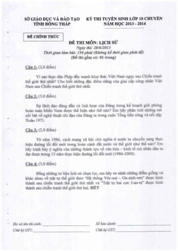 Kỳ thi tuyển sinh Lớp 10 chuyên môn Lịch sử - Sở GD&ĐT Đồng Tháp (Có hướng dẫn chấm)