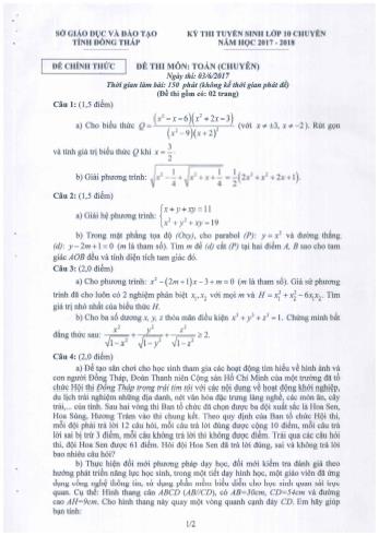 Kỳ thi tuyển sinh Lớp 10 chuyên môn Toán - Sở GD&ĐT Đồng Tháp (Có hướng dẫn chấm)