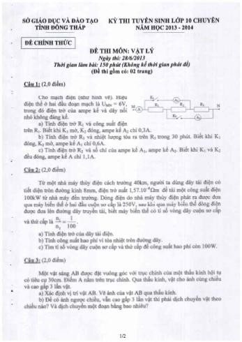 Kỳ thi tuyển sinh Lớp 10 chuyên môn Vật lí - Sở GD&ĐT Đồng Tháp (Có đáp án)