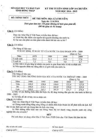 Kỳ thi tuyển sinh Lớp 10 môn Địa lí (Chuyên) - Sở GD&ĐT Đồng Tháp (Có hướng dẫn chấm)