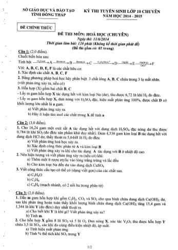 Kỳ thi tuyển sinh Lớp 10 môn Hóa học (Chuyên) - Sở GD&ĐT Đồng Tháp (Có hướng dẫn chấm)