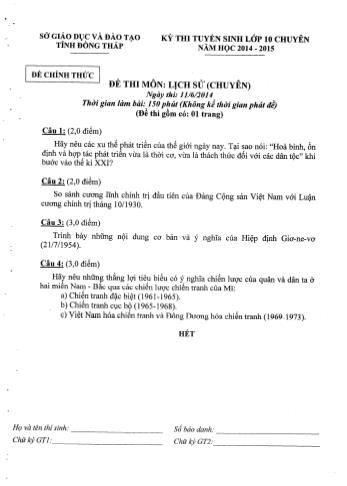 Kỳ thi tuyển sinh Lớp 10 môn Lịch sử (Chuyên) - Sở GD&ĐT Đồng Tháp (Có hướng dẫn chấm)