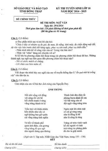 Kỳ thi tuyển sinh Lớp 10 môn Ngữ văn - Sở GD&ĐT Đồng Tháp (Có hướng dẫn chấm)