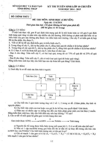 Kỳ thi tuyển sinh Lớp 10 môn Sinh học (Chuyên) - Sở GD&ĐT Đồng Tháp (Có hướng dẫn chấm)