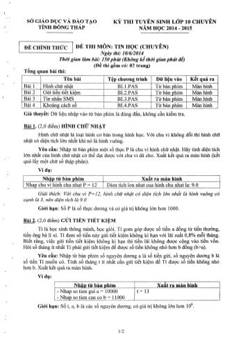 Kỳ thi tuyển sinh Lớp 10 môn Tin học (Chuyên) - Sở GD&ĐT Đồng Tháp (Có hướng dẫn chấm)